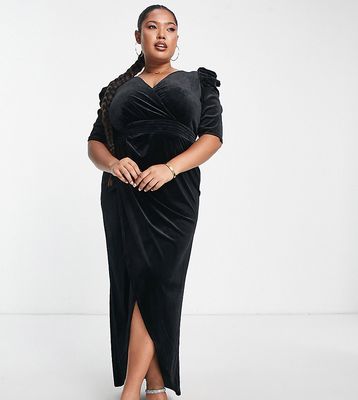 Little Mistress Plus velvet maxi dress with thigh split in black