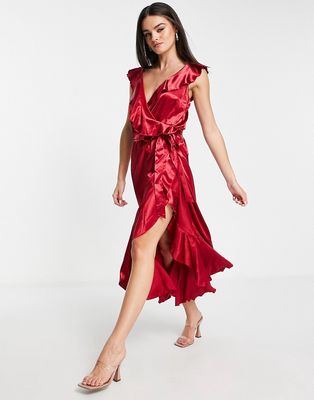 Little Mistress ruffle wrap dress in autumn red