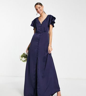 Little Mistress Tall Bridesmaid satin maxi dress with flutter sleeves in navy