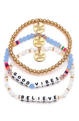 Little Words Project Good Vibes & Believe Beaded Stretch Bracelet Set in Blue Cloud White