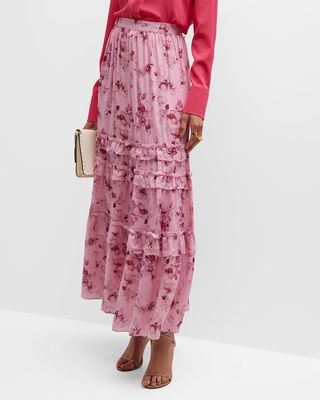 Liu Floral Silk Tiered-Ruffle Maxi Skirt