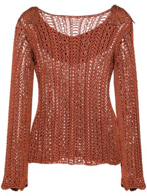 LIU JO fringe-detail open knit jumper - Brown