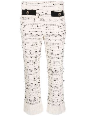 LIU JO fringed-edge tweed trousers - White