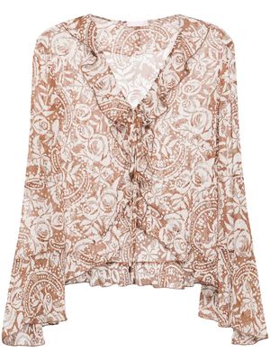 LIU JO lace-print semi-sheer blouse - Brown