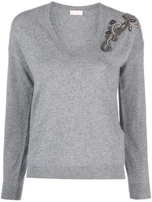 LIU JO rhinestone-embellished long-sleeve jumper - Grey