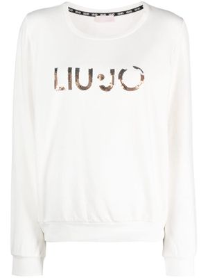 LIU JO sequin-logo round-neck sweatshirt - White