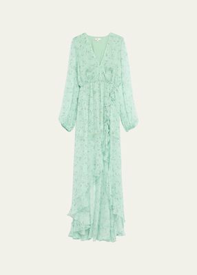 Liv Floral Silk High-Low Faux-Wrap Gown