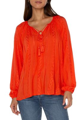 Liverpool Los Angeles Embroidered Tie Neck Top in Coral Blaze