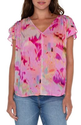 Liverpool Los Angeles Floral Print Flutter Sleeve Top in Fuchsia Wterclr