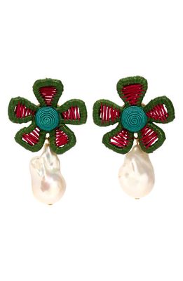 Lizzie Fortunato Crown Daisy Raffia & Baroque Pearl Drop Earrings in Green Multi 