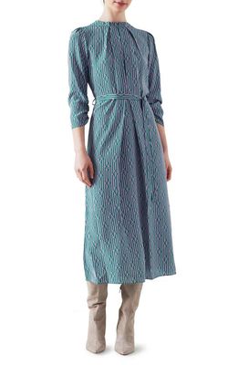 LK Bennett Brigette Malachite Stripe Tie Waist Silk Midi Dress in Malachite /Violet