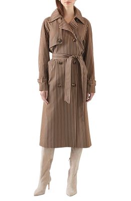 LK Bennett Carine Stripe Tie Belt Double Breasted Trench Coat in Sand/Chocolate
