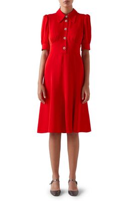 LK Bennett Esme Button Front Tea Length Crepe Dress in Cherry
