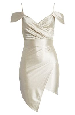 LNL Glitter Cold Shoulder Asymmetric Hem Dress in Champagne