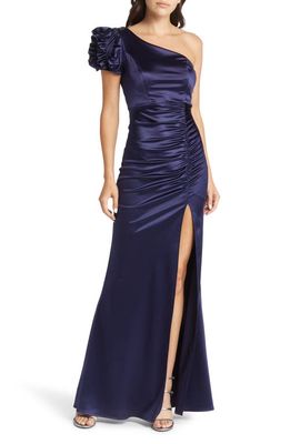 LNL One-Shoulder Ruched Satin Gown in Navy
