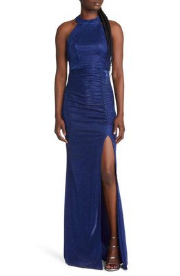 LNL Sherry Shine Ruched Halter Gown in Navy