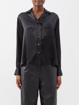 Loewe - Anagram-embroidered Satin Blouse - Womens - Black