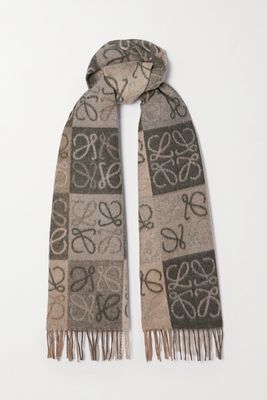 Loewe - Anagram Fringed Wool And Cashmere-blend Jacquard Scarf - Green