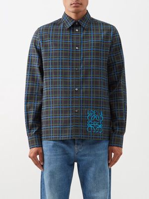 Loewe - Anagram-print Checked Silk-blend Shirt - Mens - Grey Blue