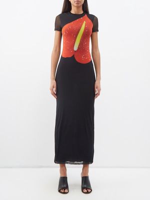 Loewe - Anthurium-print Mesh Maxi Dress - Womens - Black Red