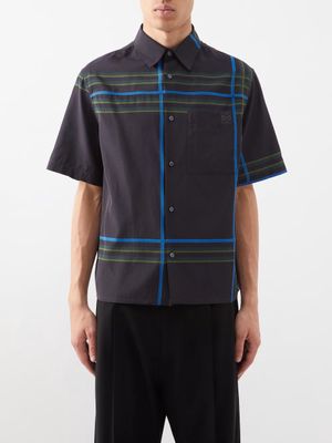 Loewe - Check-print Silk-blend Shirt - Mens - Grey Blue