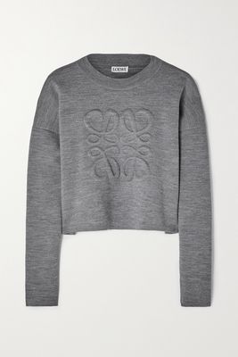 Loewe - Cropped Embroidered Wool-blend Sweater - Gray