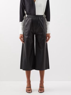 Loewe - Cropped Leather Wide-leg Trousers - Womens - Black