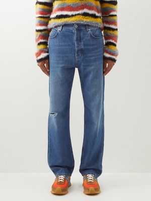 Loewe - Distressed Straight-leg Jeans - Mens - Mid Indigo