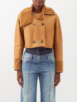 Loewe - Elbow-slit Cropped Leather And Shearling Jacket - Womens - Camel
