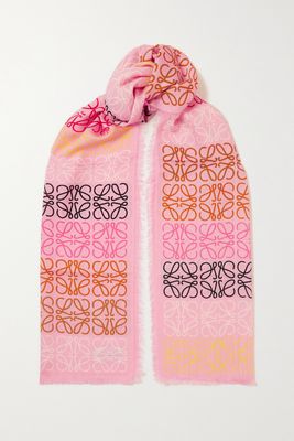 Loewe - Fringed Printed Wool, Silk And Cashmere-blend Scarf - Pink