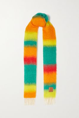 Loewe - Leather-trimmed Fringed Striped Mohair-blend Scarf - Green