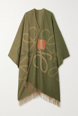 Loewe - Leather-trimmed Fringed Wool-jacquard Cape - Green