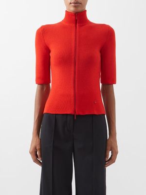 Loewe - Monogram-plaque Zipped Wool-blend Sweater - Womens - Red