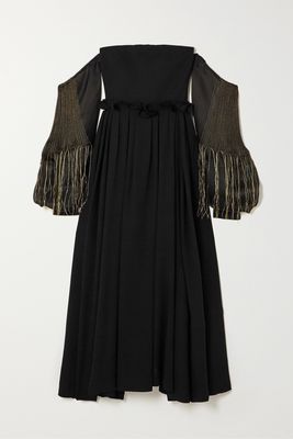 Loewe - Off-the-shoulder Leather-trimmed Wool And Embroidered Silk-organza Gown - Black