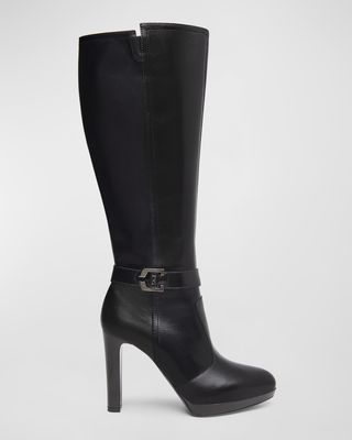 Logo Buckle Leather Knee Boots