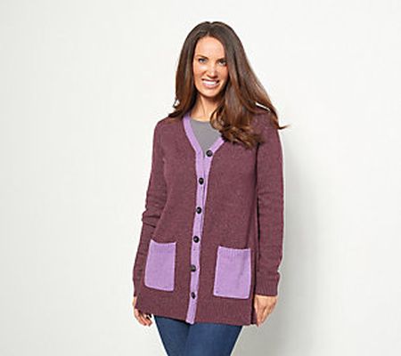 LOGO by Lori Goldstein Color Blocked Speckled Knit Cardigan