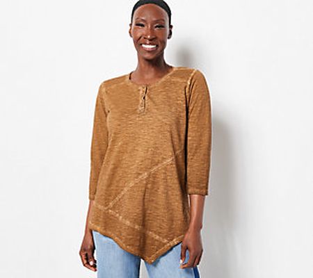 LOGO by Lori Goldstein Distressed Cotton Slub 3/4 Sleeve Top