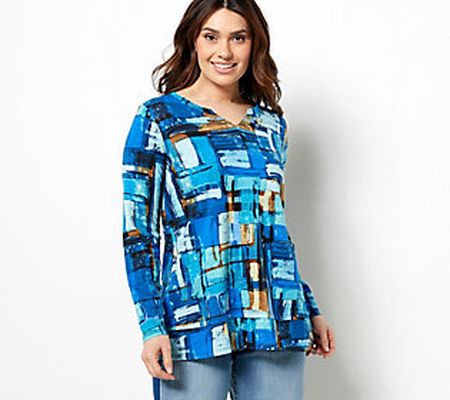 LOGO by Lori Goldstein Printed Cotton Slub Split Neck Top