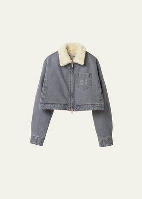 Logo-Embroidered Denim Oversized Jacket with Faux Fur