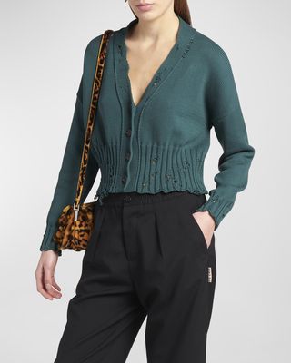 Logo-Embroidered Distressed Cardigan