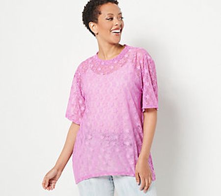 LOGO Layers by Lori Goldstein Star Lace Mesh Top