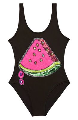Lola & the Boys Kids' Beaded Sequin Watermelon One-Piece Swimsuit in Black