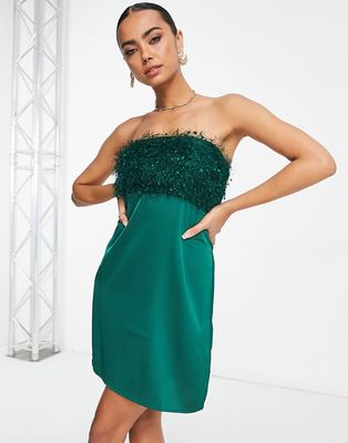 Lola May bandeau mini dress with tinsel detailing in green