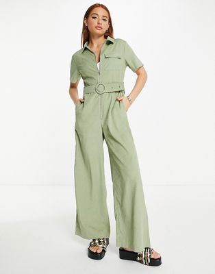 Lola May belted wide leg jumpsuit in sage green