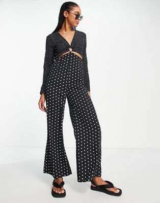 Lola May cut out wide leg jumpsuit in polka dot-Black