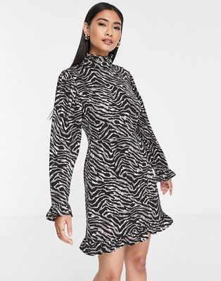 Lola May high neck frill hem mini dress in zebra print-Black