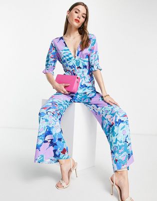 Lola May open back wide leg jumpsuit in abstract print-Yellow