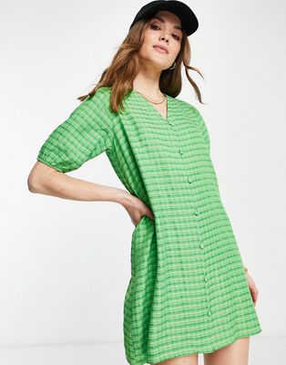 Lola May oversized button through smock dress in green check