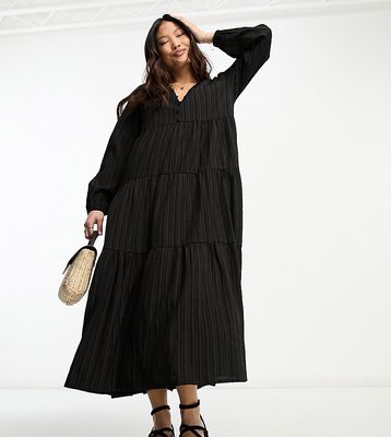 Lola May Petite button front tiered maxi dress in black