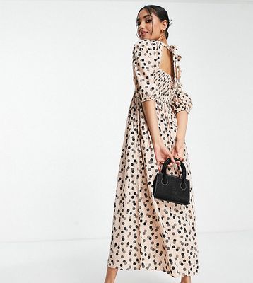 Lola May Petite shirred bust midi smock dress in polka dot-Pink